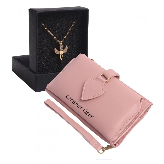 KİŞİYE ÖZEL PUDRA RENK MAÇA MODEL CÜZDAN & ELMASBAŞ KOLYE SET - ANAHTARLIK HEDİYELİ!