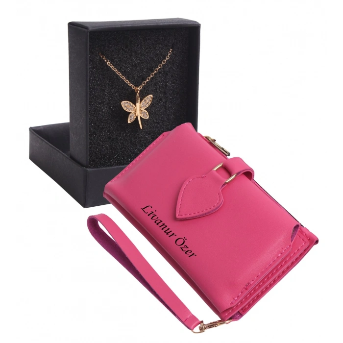 KİŞİYE ÖZEL PEMBE RENK MAÇA MODEL CÜZDAN & YUSUFÇUK KOLYE SET - ANAHTARLIK HEDİYELİ!