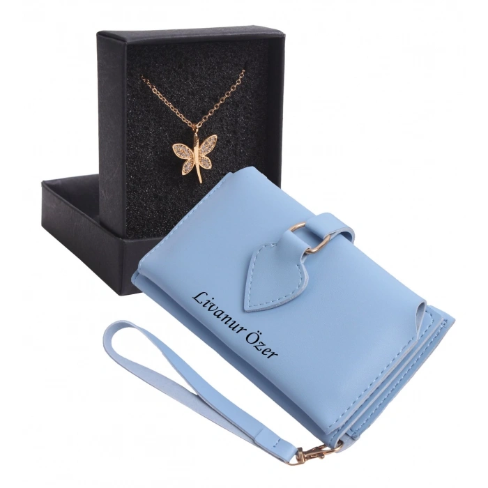 KİŞİYE ÖZEL MAVİ RENK MAÇA MODEL CÜZDAN & YUSUFÇUK KOLYE SET - ANAHTARLIK HEDİYELİ!