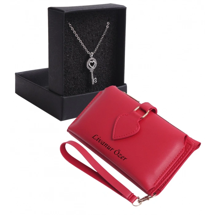 KİŞİYE ÖZEL KIRMIZI RENK MAÇA MODEL CÜZDAN & BEYAZ ANAHTAR KOLYE SET - ANAHTARLIK HEDİYELİ!