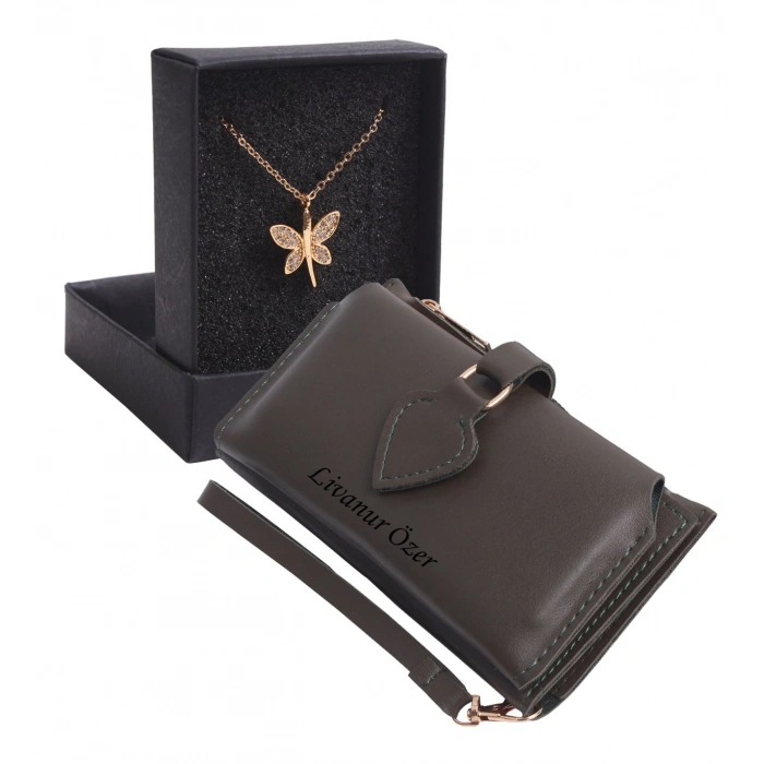 KİŞİYE ÖZEL HAKİ RENK MAÇA MODEL CÜZDAN & YUSUFÇUK KOLYE SET - ANAHTARLIK HEDİYELİ!