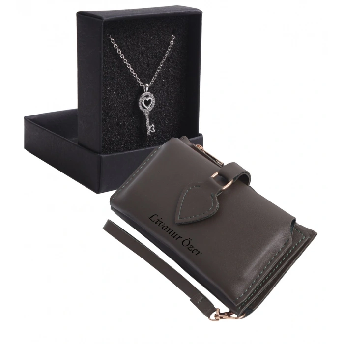 KİŞİYE ÖZEL HAKİ RENK MAÇA MODEL CÜZDAN & BEYAZ ANAHTAR KOLYE SET - ANAHTARLIK HEDİYELİ!