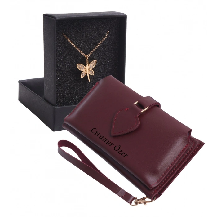 KİŞİYE ÖZEL BORDO RENK MAÇA MODEL CÜZDAN & YUSUFÇUK KOLYE SET - ANAHTARLIK HEDİYELİ!