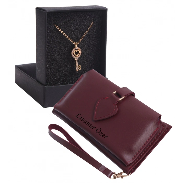 KİŞİYE ÖZEL BORDO RENK MAÇA MODEL CÜZDAN & ALTIN ANAHTAR KOLYE SET - ANAHTARLIK HEDİYELİ!