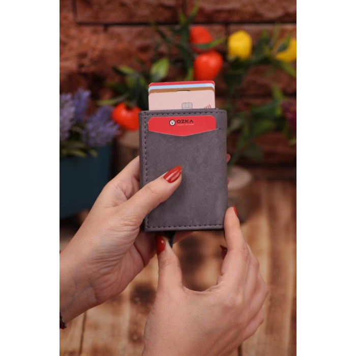Suni Deri Mekanizmalı Vegan Deri Kartlık Cüzdan Portföy Gri Crazy