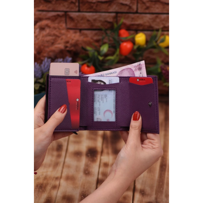 Suni Deri Mekanizmalı Vegan Deri Kartlık Cüzdan Portföy Mor Mürdüm