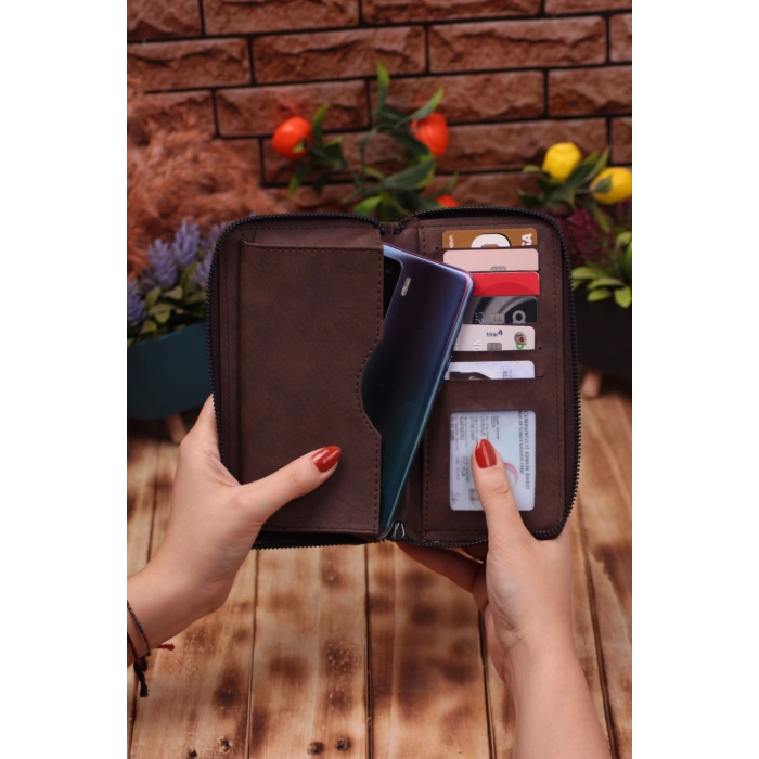 Crazy Kahverengi Telefon Bölmeli Uzun Cüzdan ve Otomatik Mekanizmalı Kartlık Cüzdan Sevgili Paketi