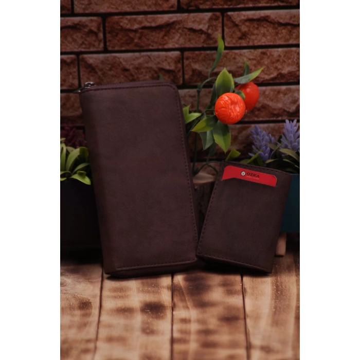 Crazy Kahverengi Telefon Bölmeli Uzun Cüzdan ve Otomatik Mekanizmalı Kartlık Cüzdan Sevgili Paketi