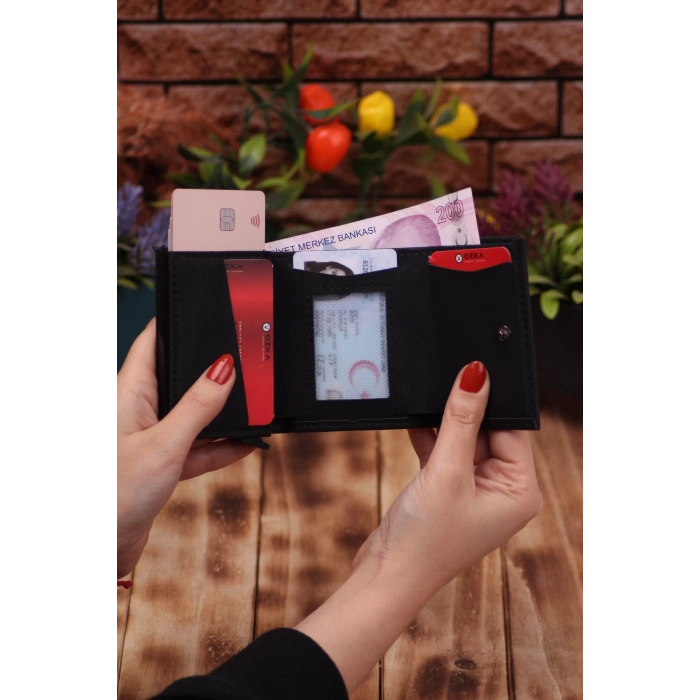 Crazy Siyah Telefon Bölmeli Uzun Cüzdan ve Otomatik Mekanizmalı Kartlık Cüzdan Sevgili Paketi