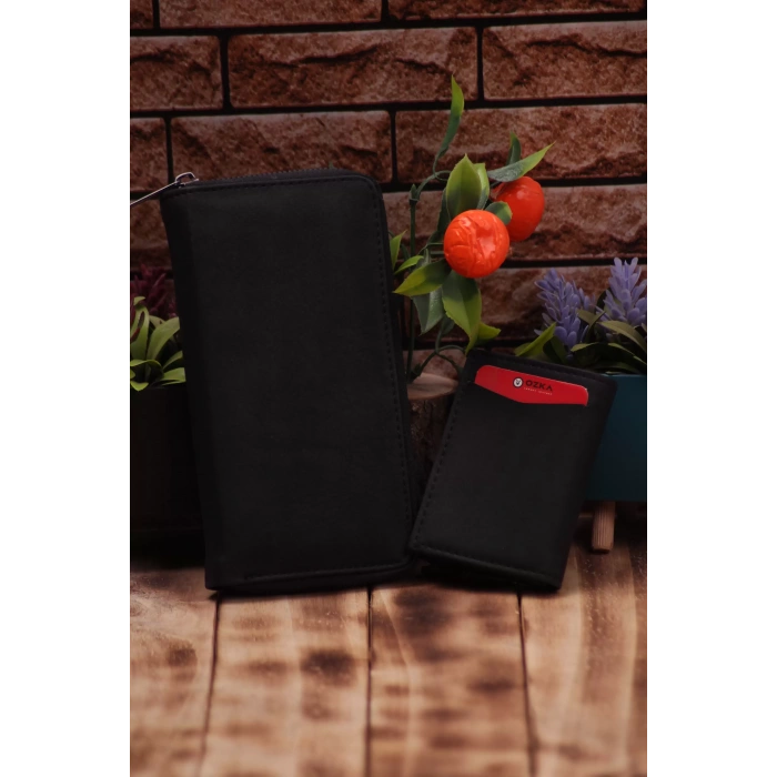 Crazy Siyah Telefon Bölmeli Uzun Cüzdan ve Otomatik Mekanizmalı Kartlık Cüzdan Sevgili Paketi