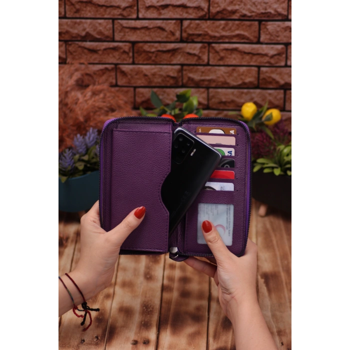 Mürdüm Telefon Bölmeli Unisex Deri Uzun Kartlık Cüzdan Portföy