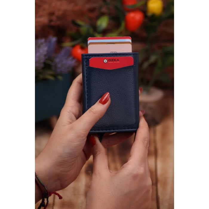 Suni Deri Mekanizmalı Vegan Deri Kartlık Cüzdan Portföy Lacivert