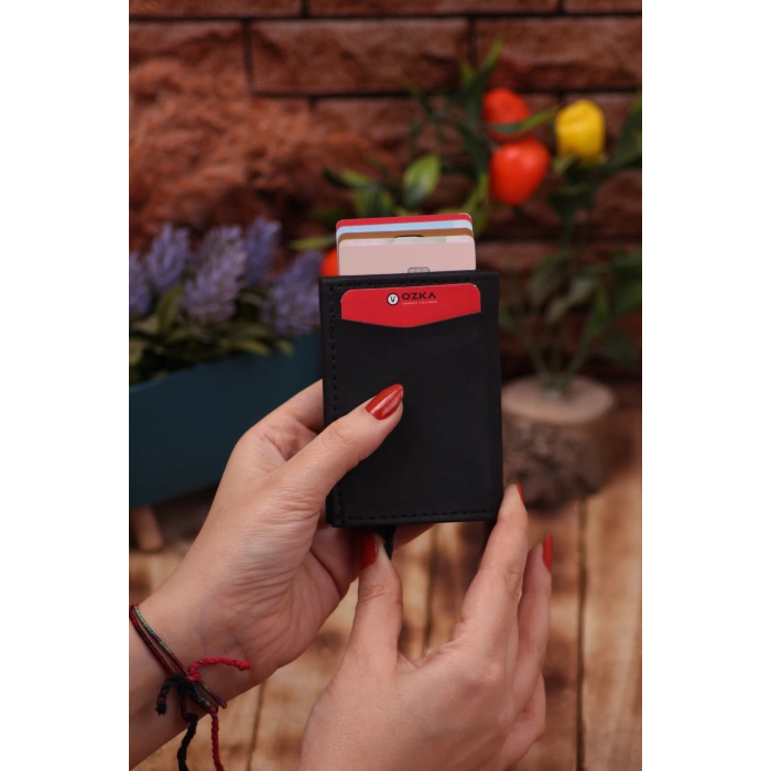 Suni Deri Mekanizmalı Vegan Deri Kartlık Cüzdan Portföy Siyah Crazy