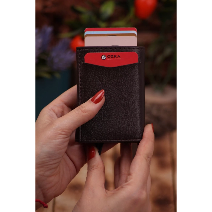 Suni Deri Mekanizmalı Vegan Deri Kartlık Cüzdan Portföy Kahverengi