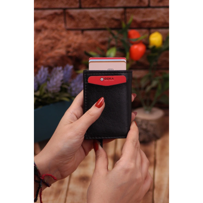 Suni Deri Mekanizmalı Vegan Deri Kartlık Cüzdan Portföy Siyah