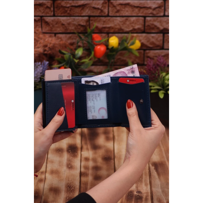 Suni Deri Mekanizmalı Vegan Deri Kartlık Cüzdan Portföy Lacivert