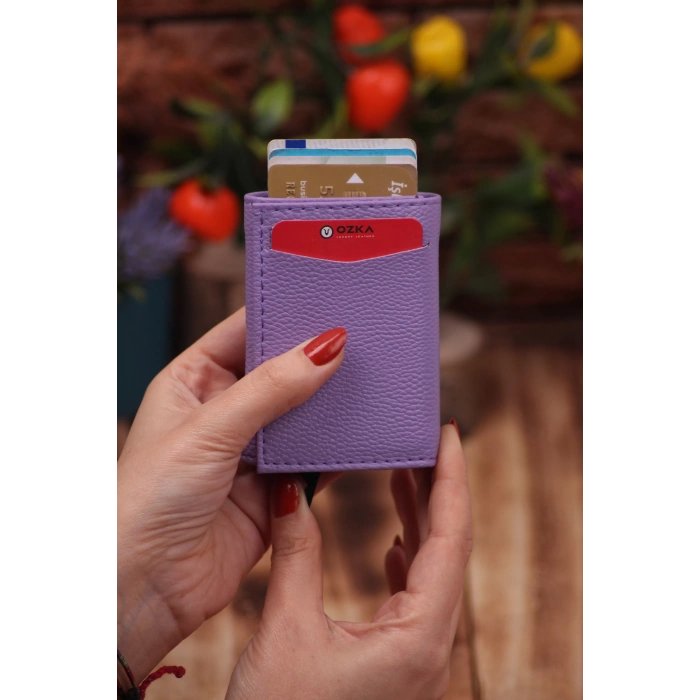 Suni Deri Mekanizmalı Vegan Deri Kartlık Cüzdan Portföy Lila
