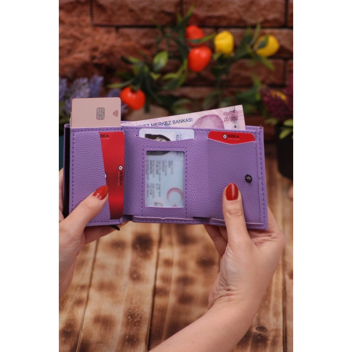 Suni Deri Mekanizmalı Vegan Deri Kartlık Cüzdan Portföy Lila