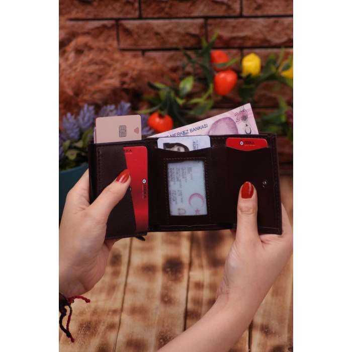 Suni Deri Mekanizmalı Vegan Deri Kartlık Cüzdan Portföy Kahverengi