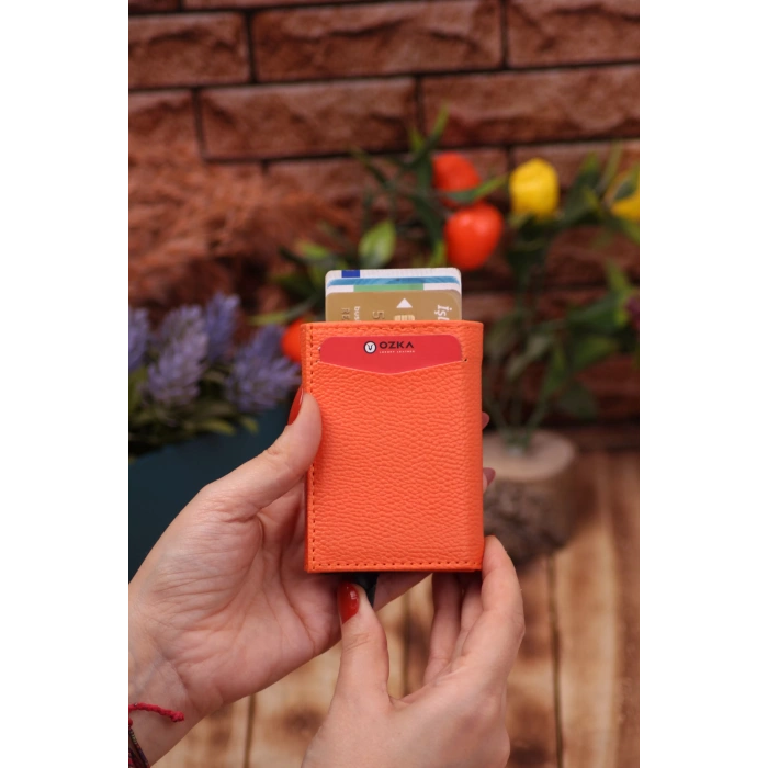 Suni Deri Mekanizmalı Vegan Deri Kartlık Cüzdan Portföy Turuncu
