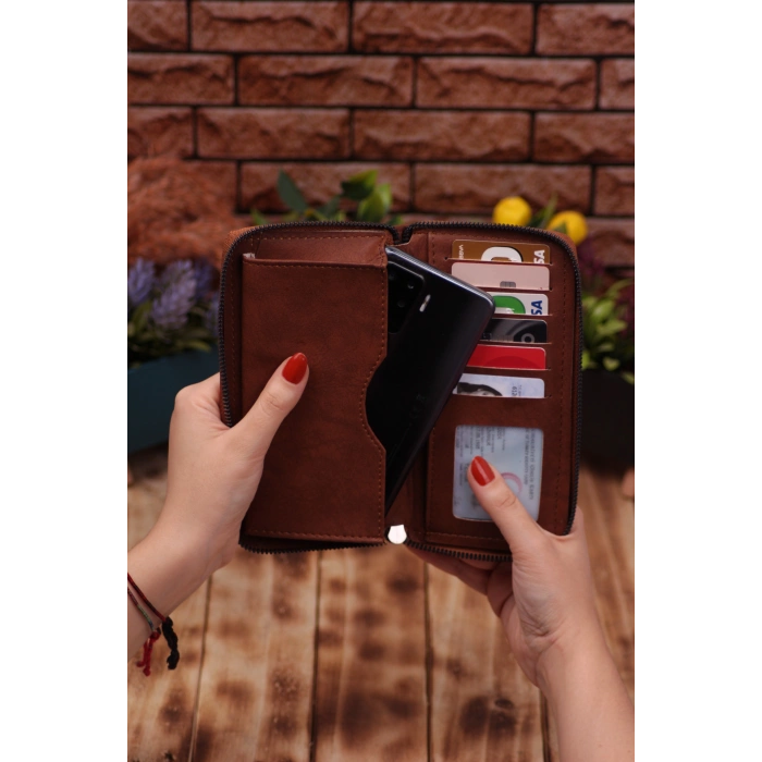 Taba Telefon Bölmeli Uzun Cüzdan ve Otomatik Mekanizmalı Kartlık Cüzdan Sevgili Paketi