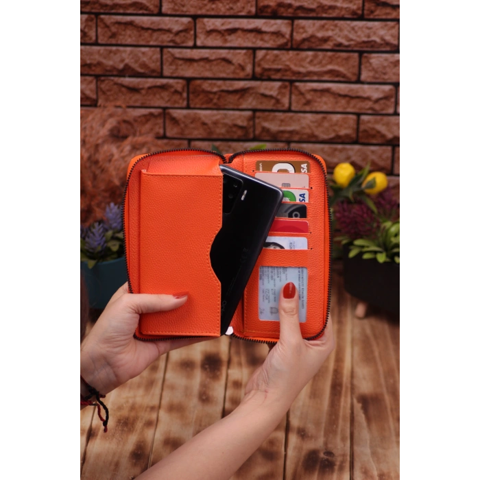 Turuncu Telefon Bölmeli Unisex Deri Portföy Kartlık Uzun Cüzdan