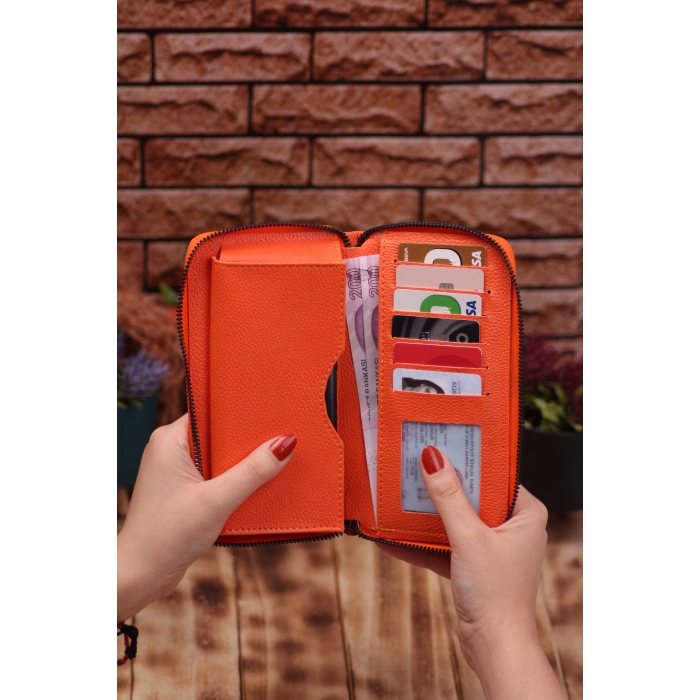 Turuncu Telefon Bölmeli Uzun Cüzdan ve Otomatik Mekanizmalı Kartlık Cüzdan Sevgili Paketi