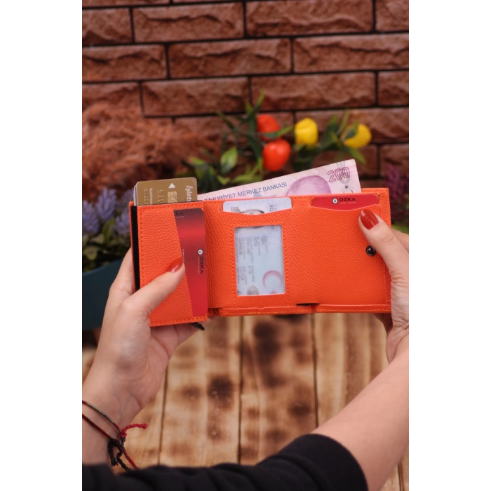 Turuncu Telefon Bölmeli Uzun Cüzdan ve Otomatik Mekanizmalı Kartlık Cüzdan Sevgili Paketi