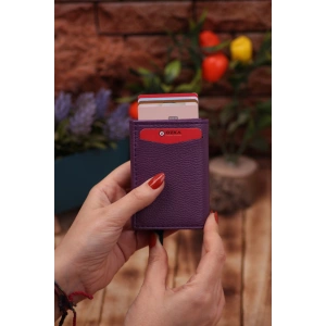 Suni Deri Mekanizmalı Vegan Deri Kartlık Cüzdan Portföy Mor Mürdüm