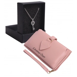 KİŞİYE ÖZEL PUDRA RENK MAÇA MODEL CÜZDAN & BEYAZ ANAHTAR KOLYE SET - ANAHTARLIK HEDİYELİ!