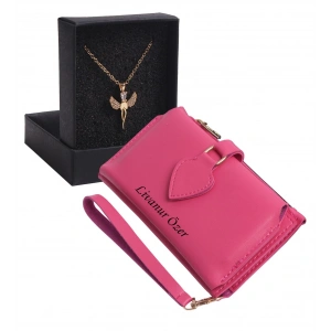 KİŞİYE ÖZEL PEMBE RENK MAÇA MODEL CÜZDAN & ELMASBAŞ KOLYE SET - ANAHTARLIK HEDİYELİ!