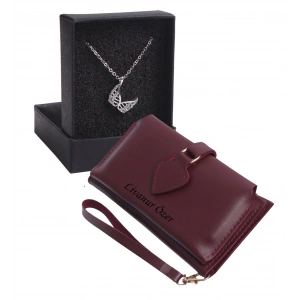 KİŞİYE ÖZEL BORDO RENK MAÇA MODEL CÜZDAN & MELEK KANATLAR KOLYE SET - ANAHTARLIK HEDİYELİ!