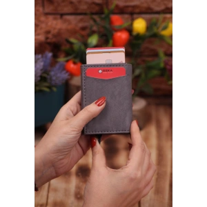 Suni Deri Mekanizmalı Vegan Deri Kartlık Cüzdan Portföy Gri Crazy
