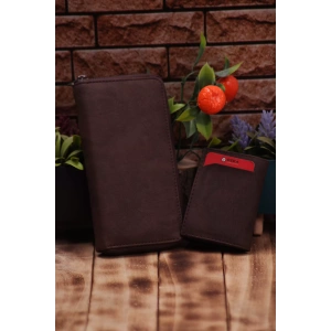 Crazy Kahverengi Telefon Bölmeli Uzun Cüzdan ve Otomatik Mekanizmalı Kartlık Cüzdan Sevgili Paketi