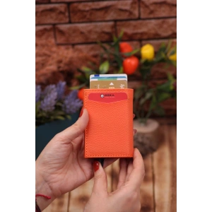 Suni Deri Mekanizmalı Vegan Deri Kartlık Cüzdan Portföy Turuncu