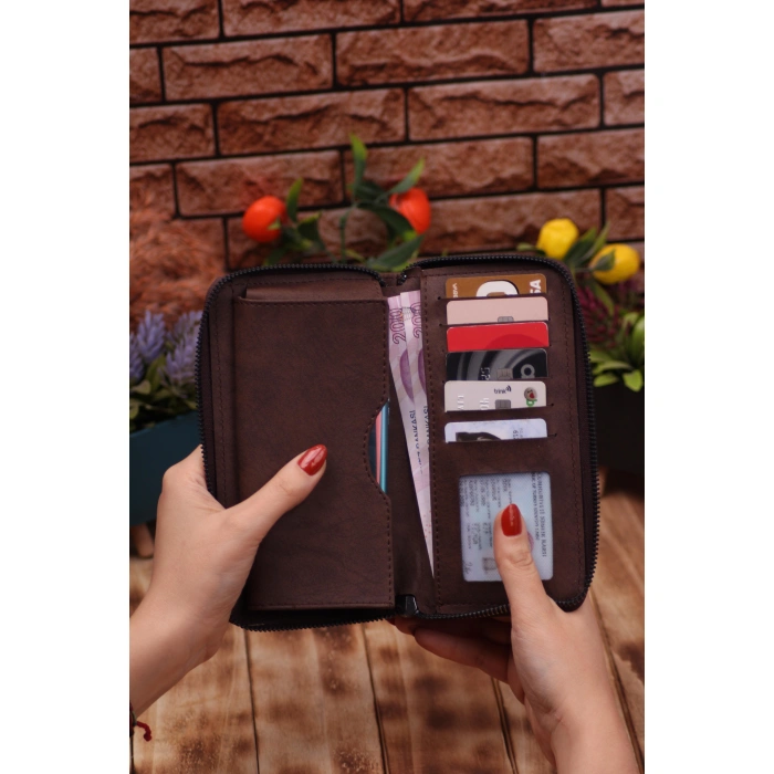 Crazy Kahverengi Telefon Bölmeli Uzun Cüzdan ve Otomatik Mekanizmalı Kartlık Cüzdan Sevgili Paketi