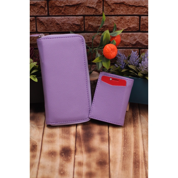 Lila Telefon Bölmeli Uzun Cüzdan ve Otomatik Mekanizmalı Kartlık Cüzdan Sevgili Paketi