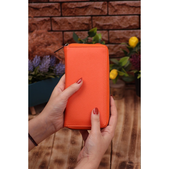 Turuncu Telefon Bölmeli Unisex Deri Portföy Kartlık Uzun Cüzdan