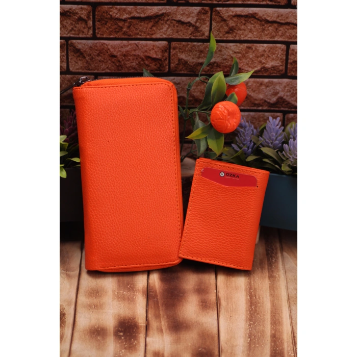 Turuncu Telefon Bölmeli Uzun Cüzdan ve Otomatik Mekanizmalı Kartlık Cüzdan Sevgili Paketi