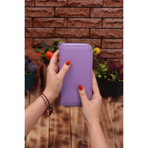 Lila Telefon Bölmeli Unisex Deri Uzun Kartlık Cüzdan Portföy