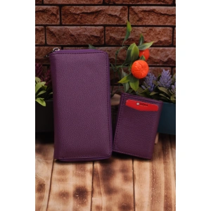 Mürdüm Telefon Bölmeli Uzun Cüzdan ve Otomatik Mekanizmalı Kartlık Cüzdan Sevgili Paketi