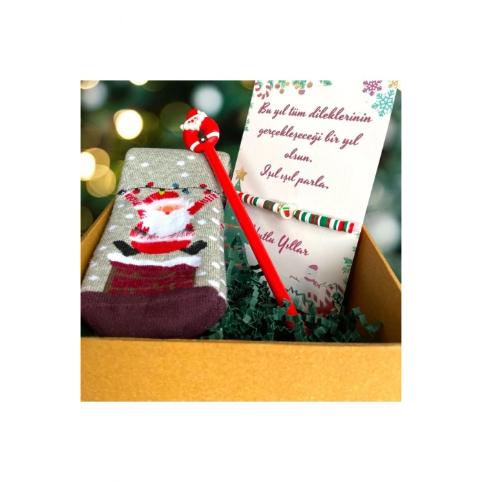Yılbaşı Hediye Kutusu Noel Temalı Çocuk Çorap - Tükenmez Kalem - Şans Bilekliği