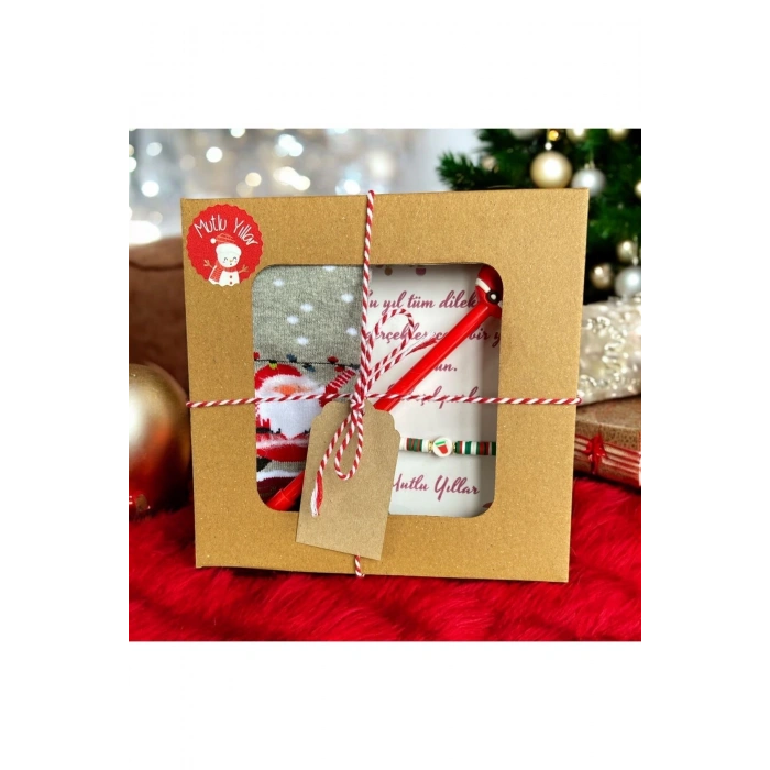 Yılbaşı Hediye Kutusu Noel Temalı Çocuk Çorap - Tükenmez Kalem - Şans Bilekliği
