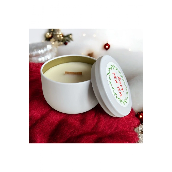 Yılbaşı /Noel Temalı Kapaklı Metal Kutuda Ahşap Fitilli Aromaterapik Doğal Soya Wax  Mum