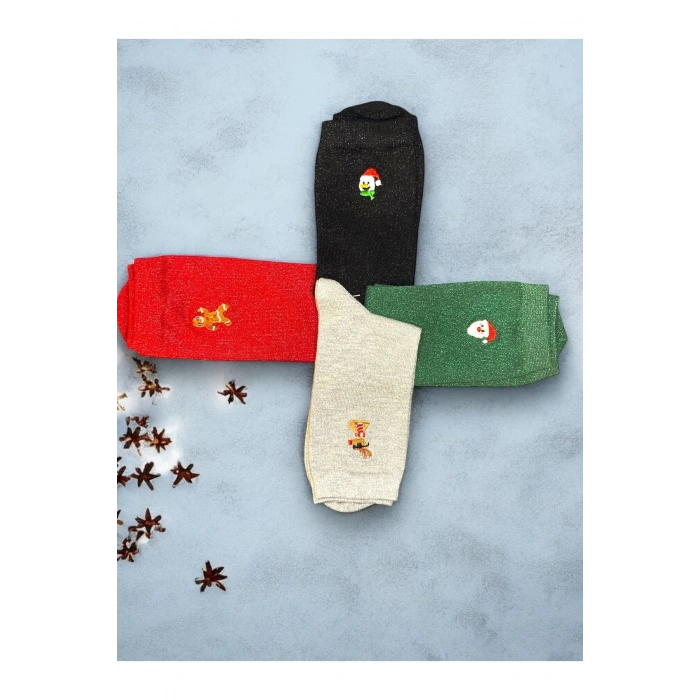 Yılbaşı / Noel / Christmas Temalı Simli Parlak Mini Nakış Figürlü Kadın Çorap