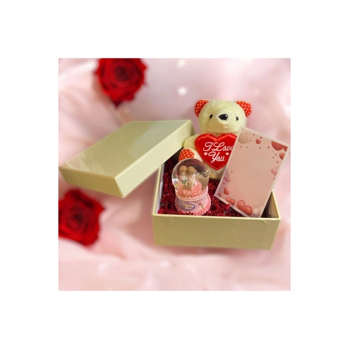 Özel Günler Için Kutulu Hediye Seti (AYICIK ANAHTARLIK IŞIKLI KÜRE NOT KARTI)