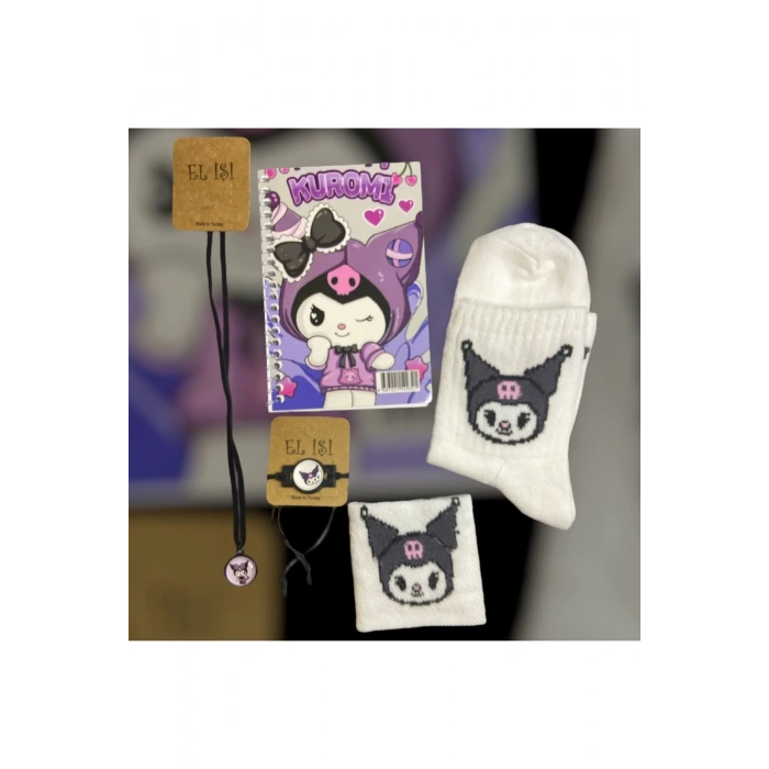 KUROMİ SANRİO 5Lİ SET (NOT DEFTERİ + BİLEKLİK + KOLYE + HAVLU BİLEKLİK + ÇORAP)