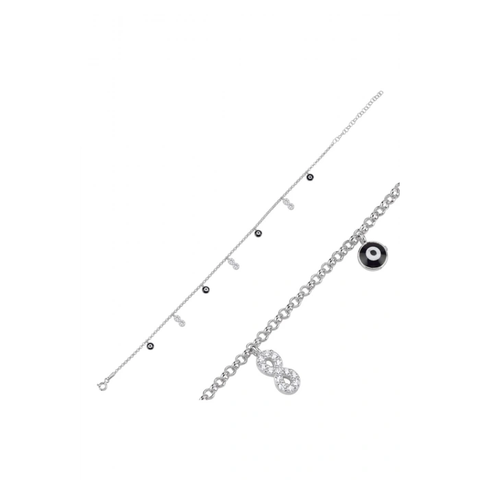 925 Ayar Gümüş Mineli Göz & Zirkon Taşlı Doç Zincirli Sallantılı Şans Bilekliği_Anneler Günü