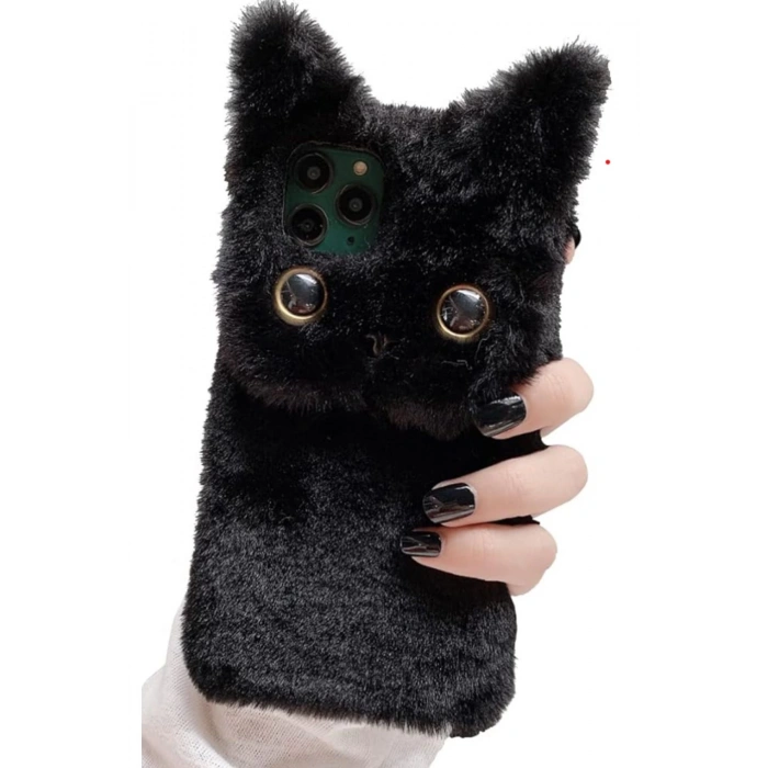 iPhone 15 Cep Telefonu Sevimli Kedi 3D Peluş Kılıf - Yumuşak Sıcak Kabarık Kürklü Darbeye Dayanıklı