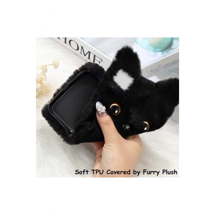 iPhone 15 Cep Telefonu Sevimli Kedi 3D Peluş Kılıf - Yumuşak Sıcak Kabarık Kürklü Darbeye Dayanıklı